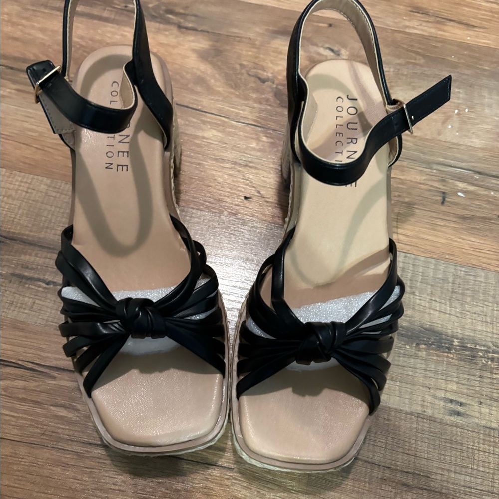Journee Collection Black Knot Front Wedge Sandals with Ankle Strap